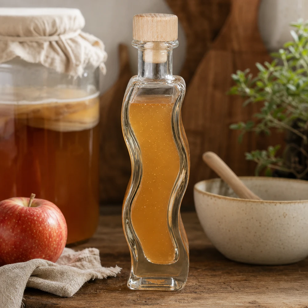 100ml Glasflasche "Melissa" mit Holzgriff-Korken UNiTWIST 100ml Glasflasche Melissa mit Apfelessig befüllt neben rotem Apfel Mörser Küchenszenerie Holzkorken natürlich