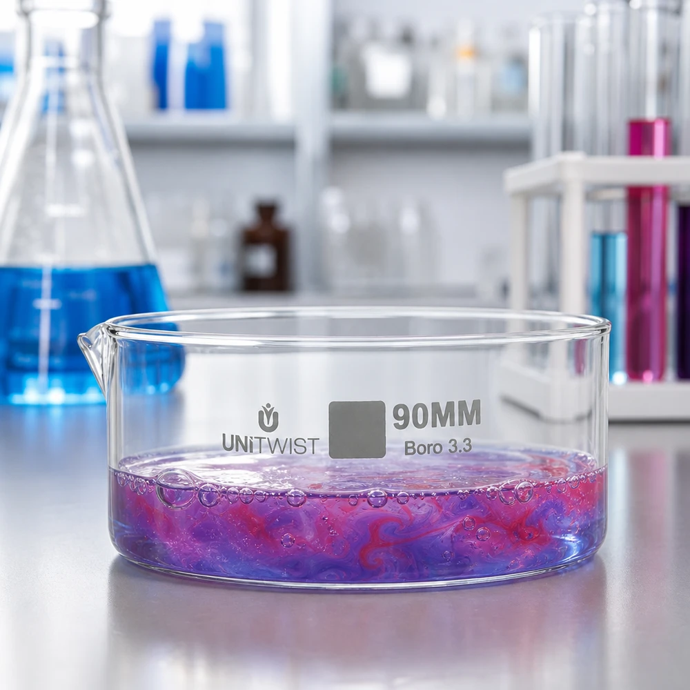 90 mm:n UNiTWIST-kiteytysastia, jossa on violetti-punaista nestettä, borosilikaattilasi, laboratoriokokeilu