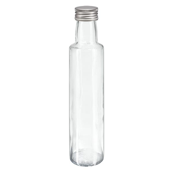 250ml kierrekorkillinen pullo pyöreä kristallinkirkas, jossa on hopeinen korkki.