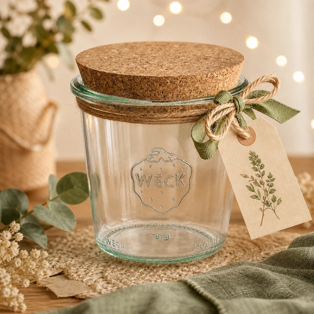 WECK tumblers 290ml RR80 koristeellisesti lavastettu korkkikannella lahjatunnisteella ja vihreällä nauhalla puupöydällä.