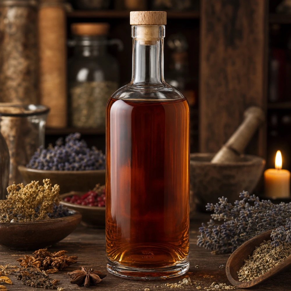 750ml Glasflasche "Attila" mit Holzgriffkorken UNiTWIST® 750 ml:n Emma-lasipullo, jossa on puukorkki ja joka on täytetty meripihkanvärisellä nesteellä maalaismaiseman yrtti- ja maustetunnelmissa.