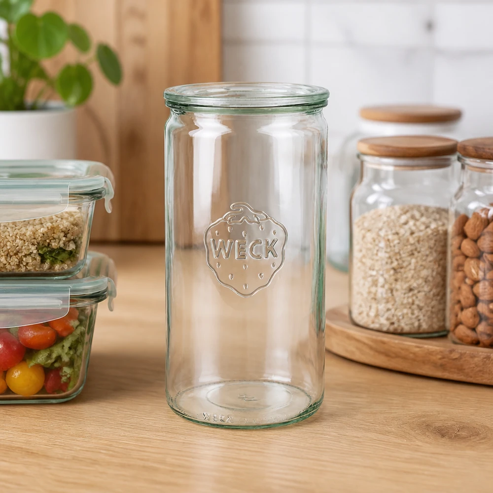 1590ml sylinteripurkki lasikannella WECK RR100 WECK sylinteripurkki 1590ml RR100 tyhjä puisella työtasolla modernissa keittiössä, jossa on säilytyspurkkeja ja kasveja.