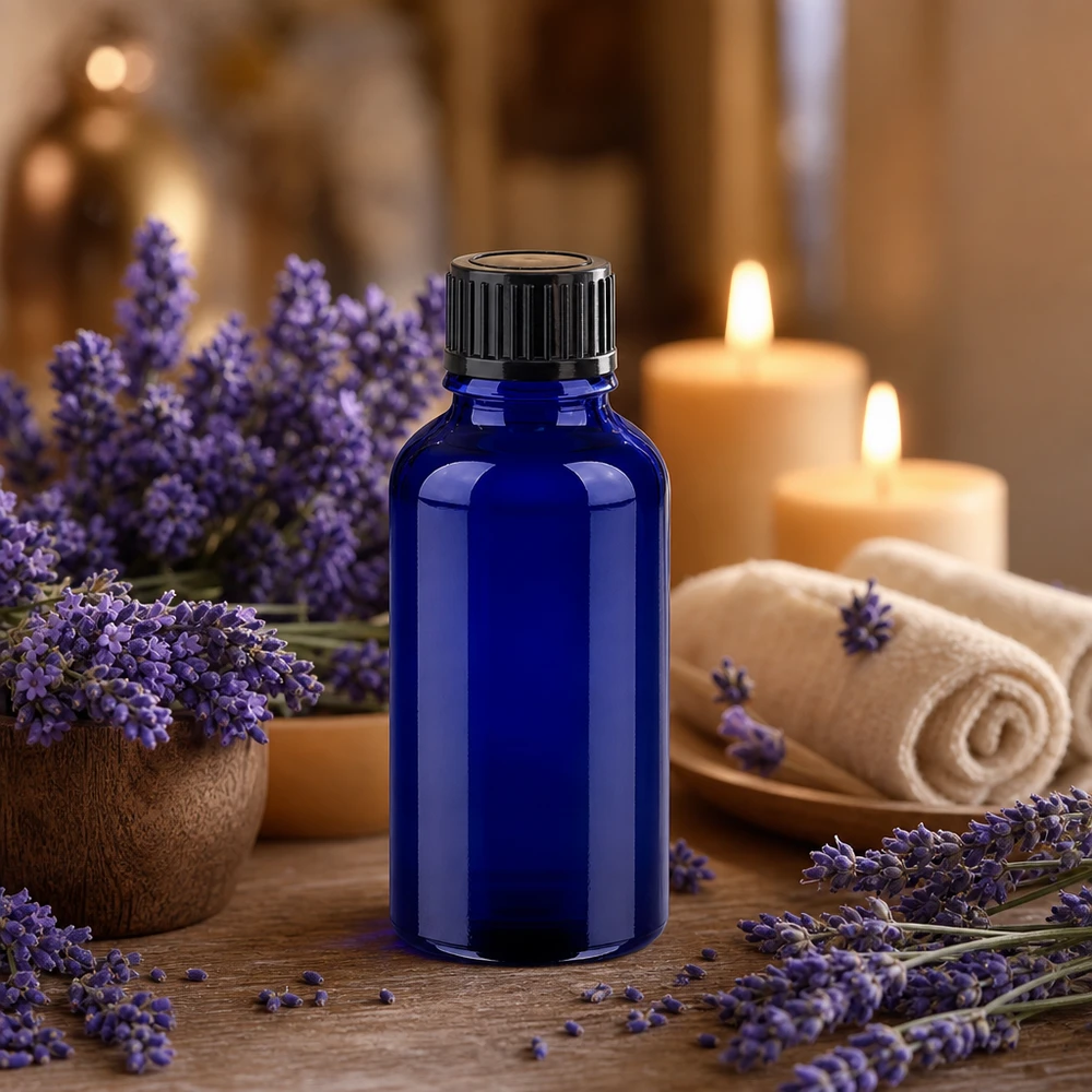 30ml aromaterapiapullo kobolttilasista, jossa on tippakorkki laventeliöljylle ja hyvinvointiöljylle.