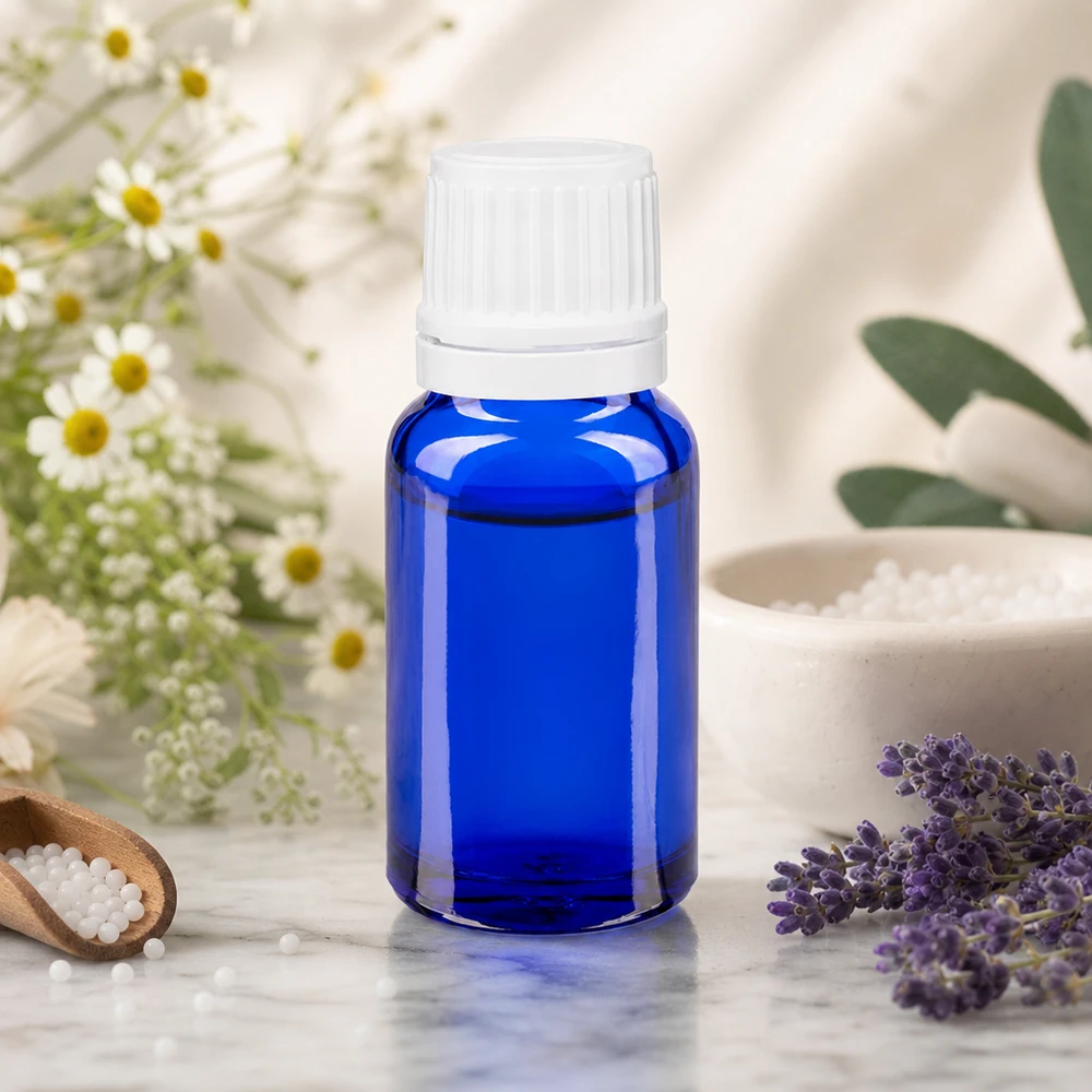 Apteekkipullo sininen 10ml ruuvikorkki valkoinen peukaloinnin estävä suljin Sininen 10 ml:n lasipullo, jossa on valkoinen kierrekorkki, laventelin, kamomillan ja suolan vieressä