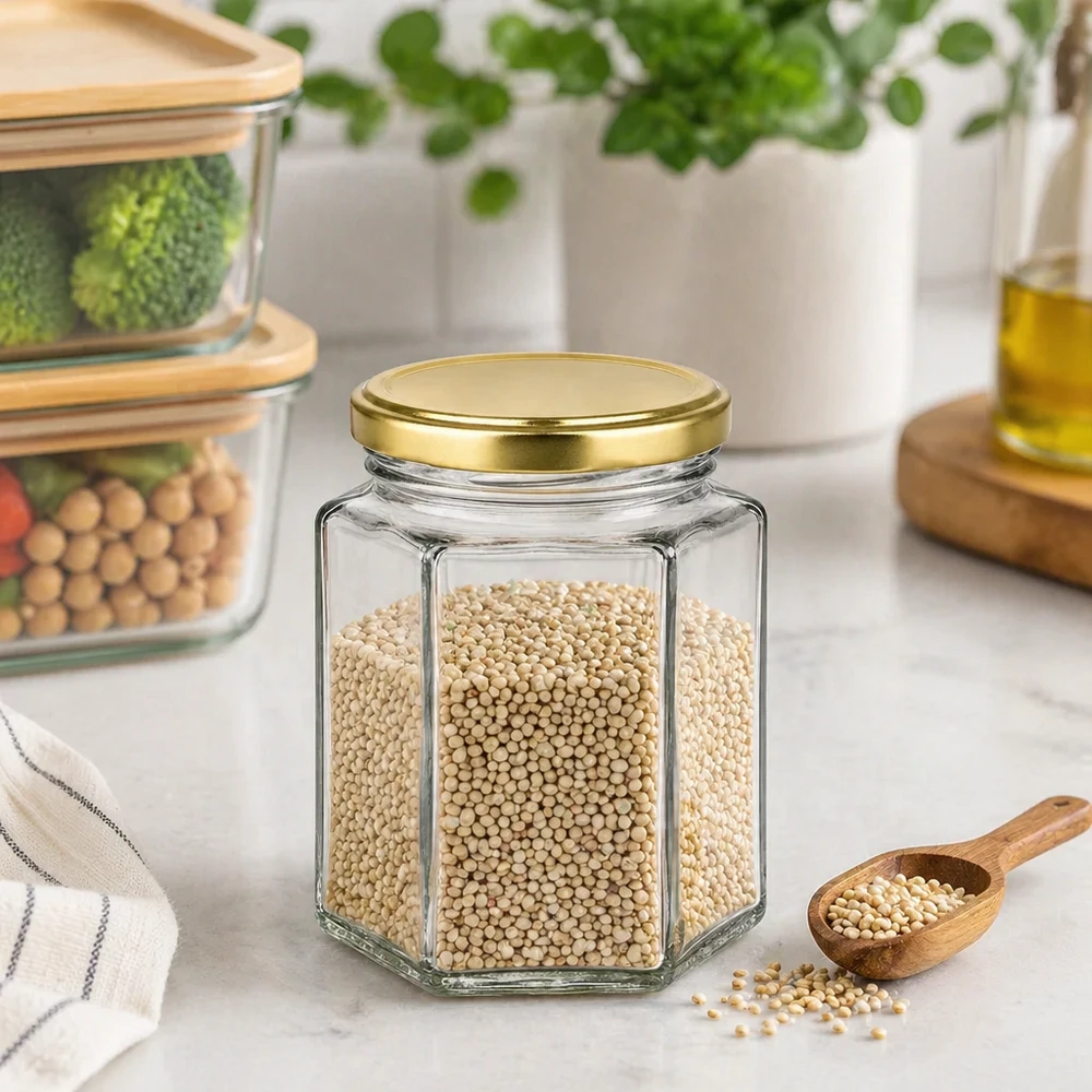 250g Honigglas mit goldenem Deckel BasicSeal UNiTWIST 250 g kuusikulmainen hunajapurkki, jossa on kultainen kansi ja joka on täytetty siemenillä modernissa keittiössä säilytysastiana.