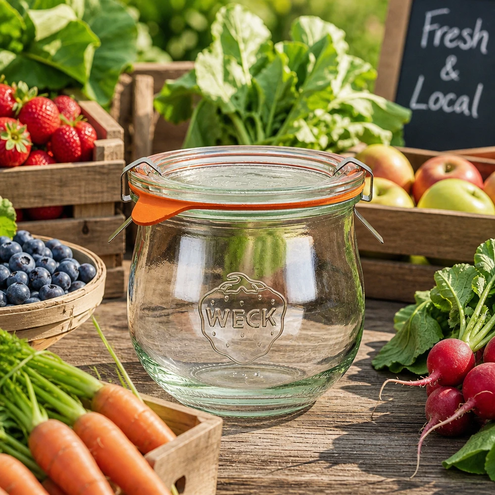 370ml tulppaanipurkki täydellinen WECK RR80 WECK tulppaanipurkki 370ml RR80 torikojulla, jossa on tuoreita hedelmävihanneksia ja Local Fresh -kyltti alueellisille tuotteille.