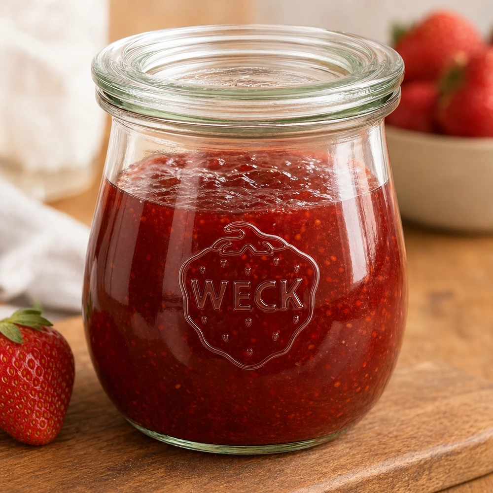 220 ml:n tulppaanipullo lasikannella, WECK RR60 WECK tulppaanipurkki 220ml täynnä mansikkahilloa puisella laudalla, taustalla tuoreita mansikoita
