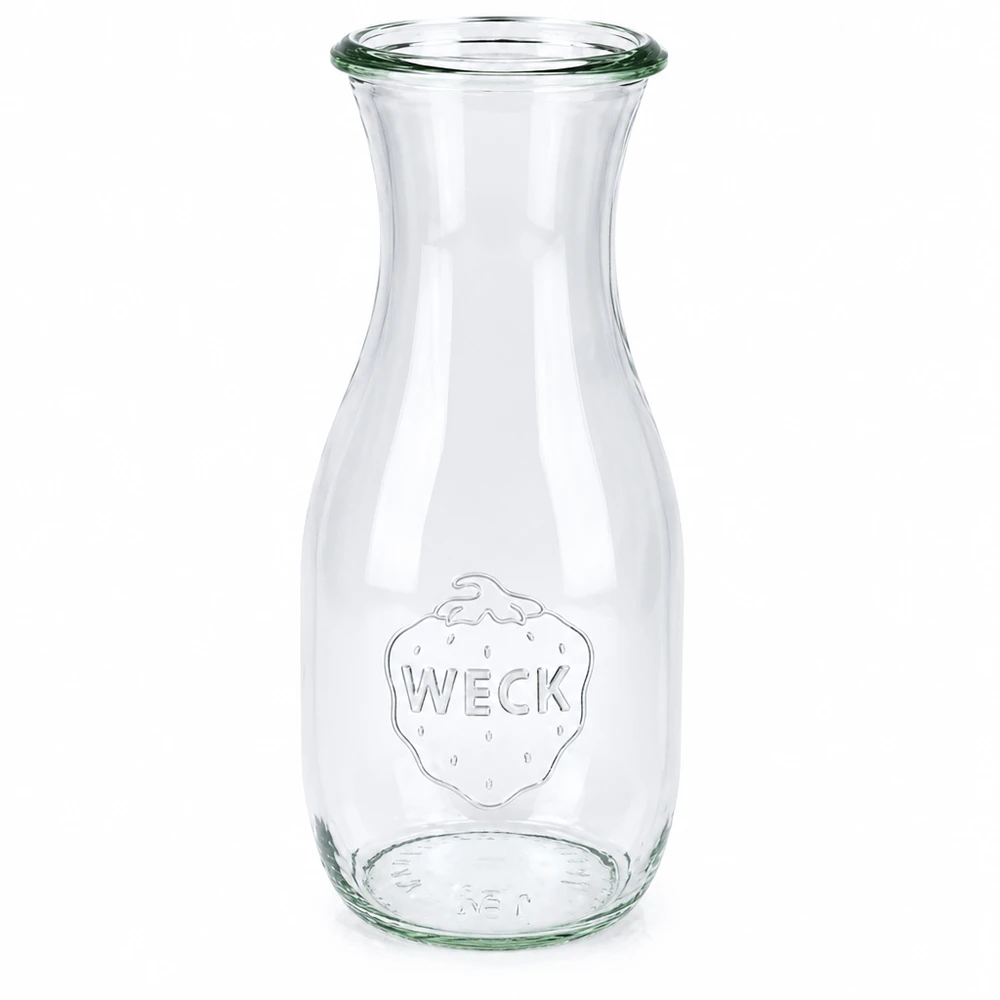 530 ml:n mehupullo WECK RR60 530ml WECK mehupullo RR60 lasista, jossa on kansi ja kohokuvioitu mansikkalogo läpinäkyvä.