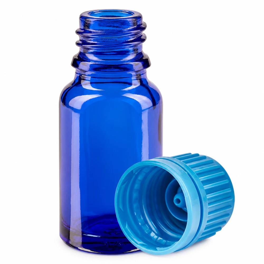 10ml pullo 11mm ruuvikorkki sininen väärentämisen estävä korkki BlueLine UT18/10 BlueLine UT18/10 10ml pullo koboltinsinistä lasia, jossa on vaalean turkoosi kierrekorkki aromaterapiaan.