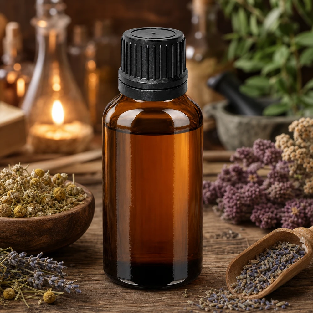 Korkealaatuinen 30ml apteekkipullo, joka on valmistettu meripihkalasista ja jossa on tarkka 1mm:n tiputuslaite aromaterapiaa varten.