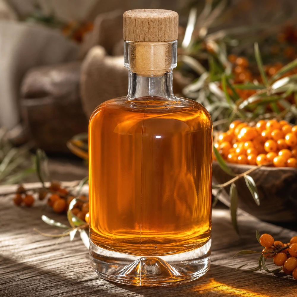 50ml lasipullo Amelie täynnä tyrniöljyä oranssin väristen tyrnimarjojen välissä, jotka on koristeltu luonnollisesti.