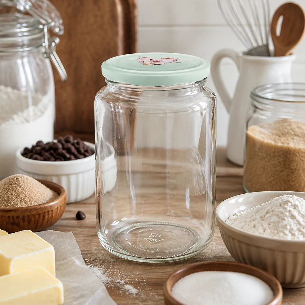 795ml pyöreä purkki + BasicSeal kansi sydän minttu UNiTWIST 795ml pyöreä purkki tyhjä minttu BasicSeal sydänkansi leivonta-aineiden välillä jauhot voi puulauta keittiötarvikkeet