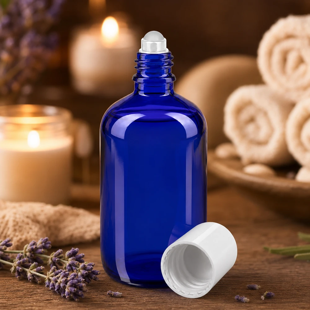 Apteekkipullo sininen 100ml roll-on korkki valkoinen Sininen 100 ml:n apteekkilasinen roll-on-pullo, jossa on valkoinen korkki, rentouttavan spa-taustan edessä