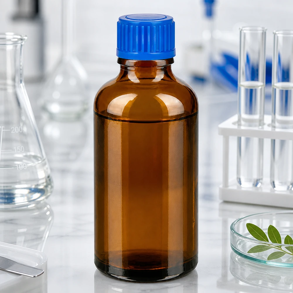 Pieni 50 ml:n laboratoriopullo meripihkalasista, jossa on sininen kierrekorkki näytteitä varten.