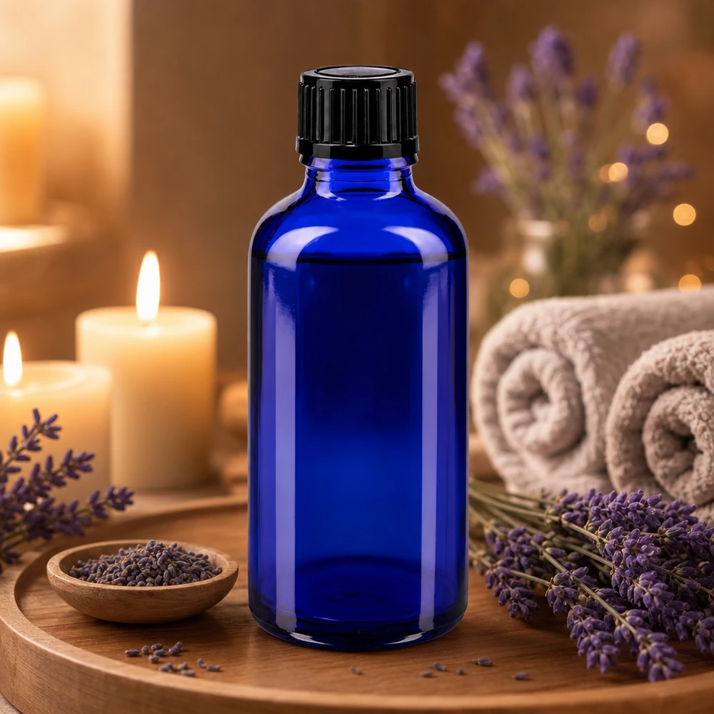 Apteekkipullo sininen 50ml tippapullo korkki 1mm musta standardi Sininen 50 ml:n tiputuspullo, jossa on musta kierrekorkki, puulevyllä, jossa on laventelikoriste