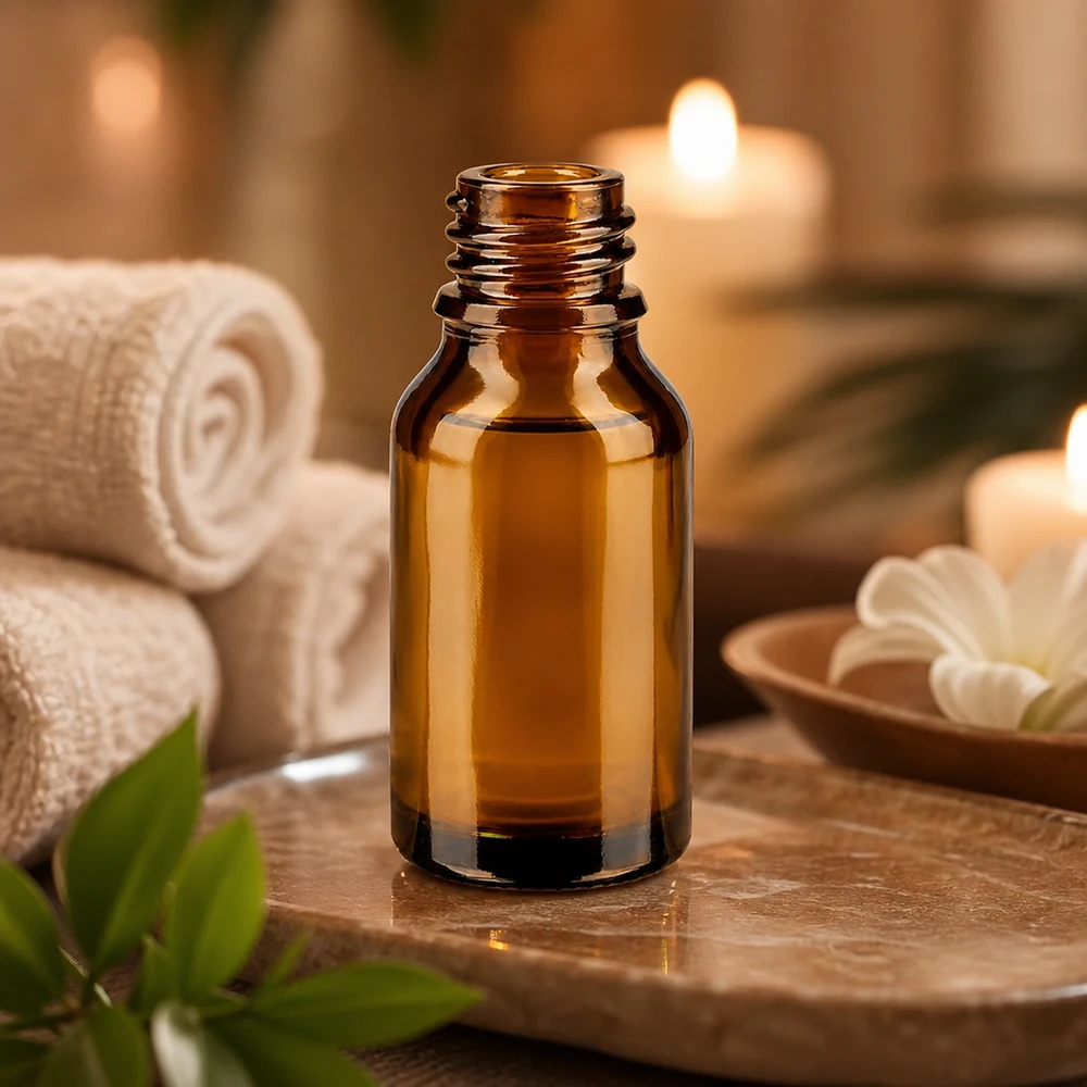 15ml ruskea apteekkipullo ApoGlas lämpimässä kynttilänvalossa valkoisilla pyyhkeillä ja vihreillä lehdillä Wellness-koristeena