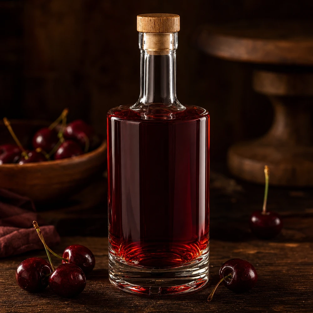 500ml Glasflasche "Passion" mit Holzgriffkorken UNiTWIST® 500ml lasipullo Nora täynnä kirsikkalikööriä tummanpunainen puukorkki UNiTWIST tuoreita kirsikoita maalaismainen puupöytä puinen pöytä