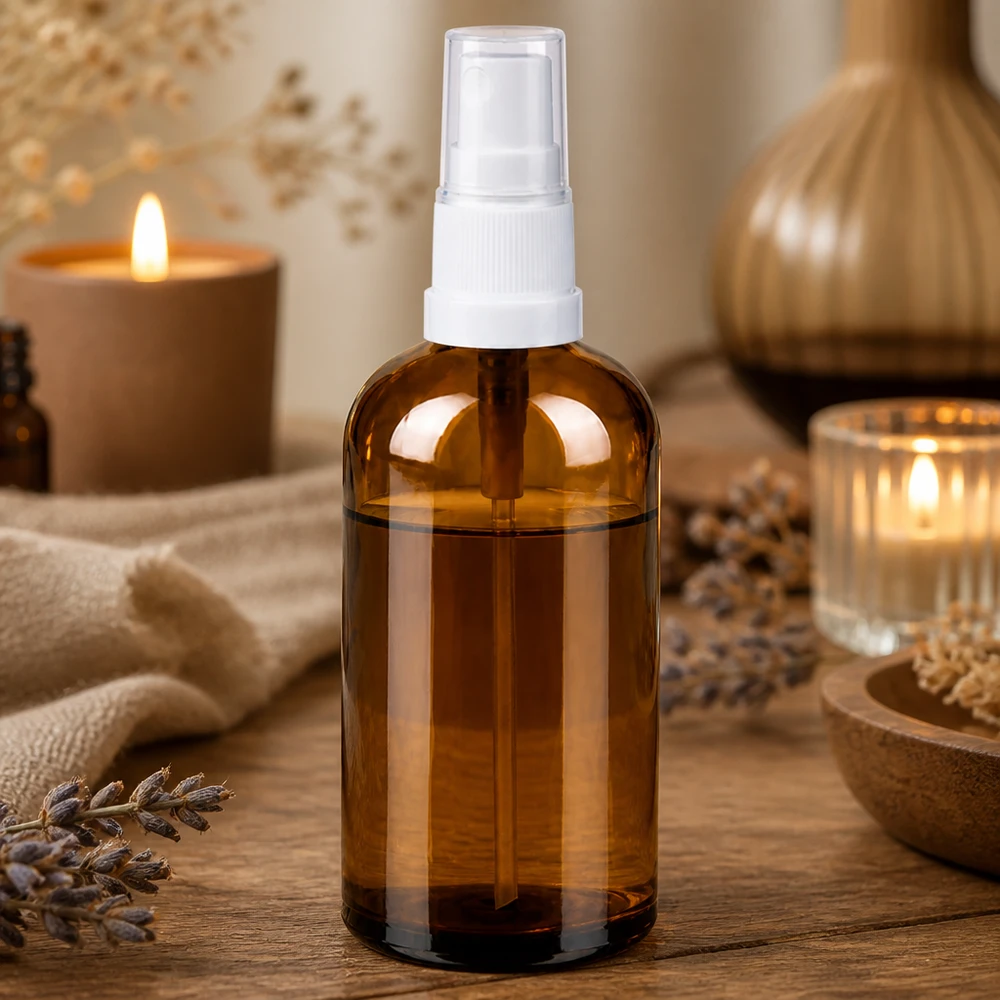 100ml suihkepullo valkoinen/läpinäkyvä vakiokorkki BrownLine UT18/100 Pienikokoinen 100ml meripihkanvärinen lasinen suihkepullo, jossa on valkoinen pumppumekanismi nesteiden tarkkaa annostelua varten.