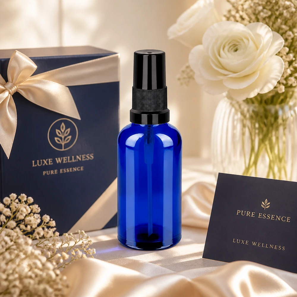 50ml ruiskupullo musta vakiokorkki BlueLine UT18/50 Pieni 50 ml:n suihkepullo syvänsinisestä lasista, jossa on mattamusta sumutin liikkuvaan käyttöön.