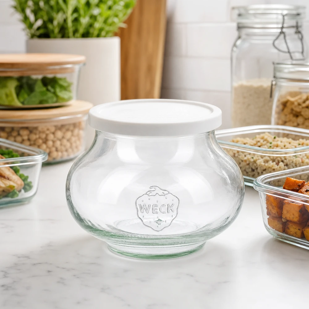 560 ml:n koristepurkki, jossa on tuoreuskansi, WECK RR80 WECK Vorratsglas 560ml RR80 in moderner Küche zwischen Meal-Prep Behältern und Gewürzgläsern für stylische Aufbewahrung
