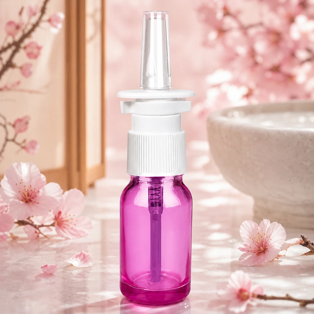 10ml nenäsumutinpullo valkoinen/läpinäkyvä standardi PurpleLine. UT18/10 Kompakti 10 ml:n nenäsumutepullo, jossa on STD-kierre UT18/10, violettia lasia tarkkaa annostelua varten.