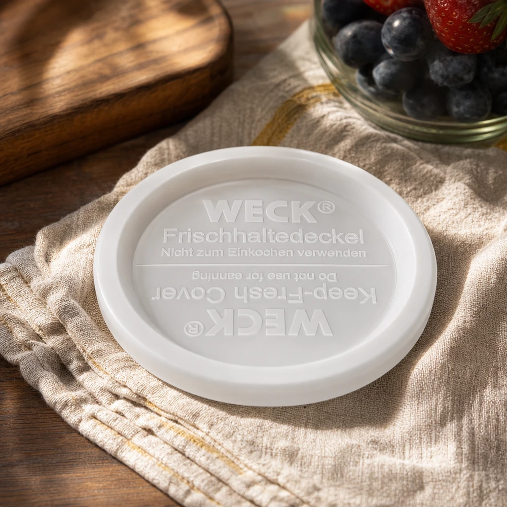 WECK-kansi RR120 WECK keep-fresh kansi RR120 Lifestyle-kuva pellavakankaalla, marjakulho ja puulauta Keittiön sisustus