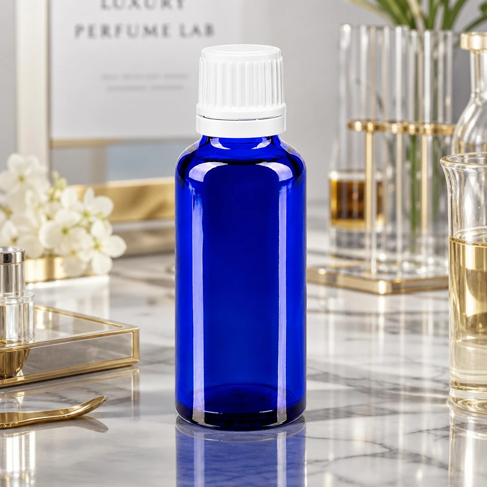 Apteekkipullo sininen 30ml tiputuskorkki 1.2mm valkoinen peukalointisuojattu korkki Koboltinsininen 30 ml:n apteekkipullo, jossa on valkoinen alkuperäinen korkki, Luxury Perfume Lab -asetelmassa