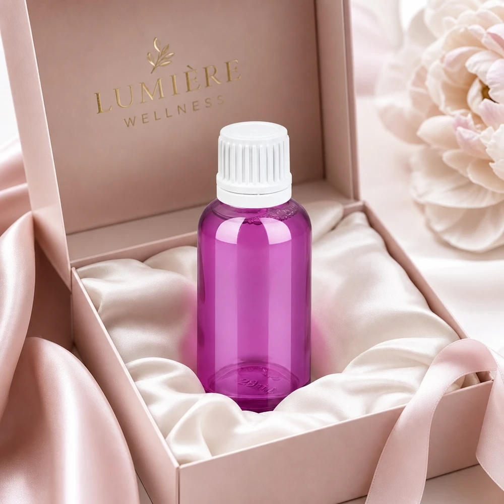 30ml tippapullo 0,7mm valkoinen Originality-kierrekorkki PurpleLine UT18/30 PurpleLine UT18/30 30ml tiputinpullo violetti, jossa on tarkka 0,7mm tiputinsetti valvottua levitystä varten.