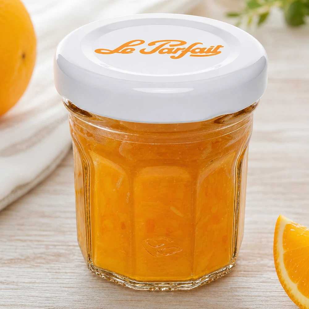 44ml Mini-Sturzglas "Jam" mit Schraubdeckel Le Parfait® Le Parfait miniglasit 44ml täynnä appelsiinimarmeladia ja valkoinen kansi tuoreiden appelsiiniviipaleiden vieressä.