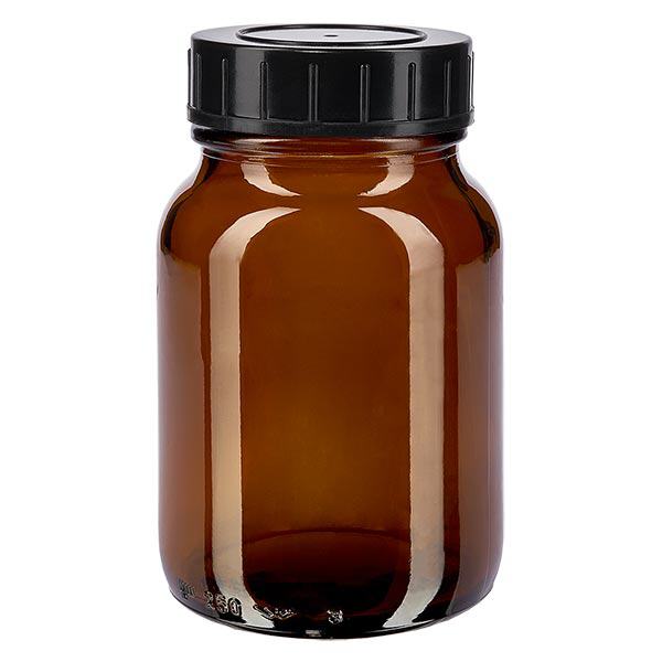 250ml leveäkaulainen meripihkanvärinen lasipullo, jossa on kierrekorkki.