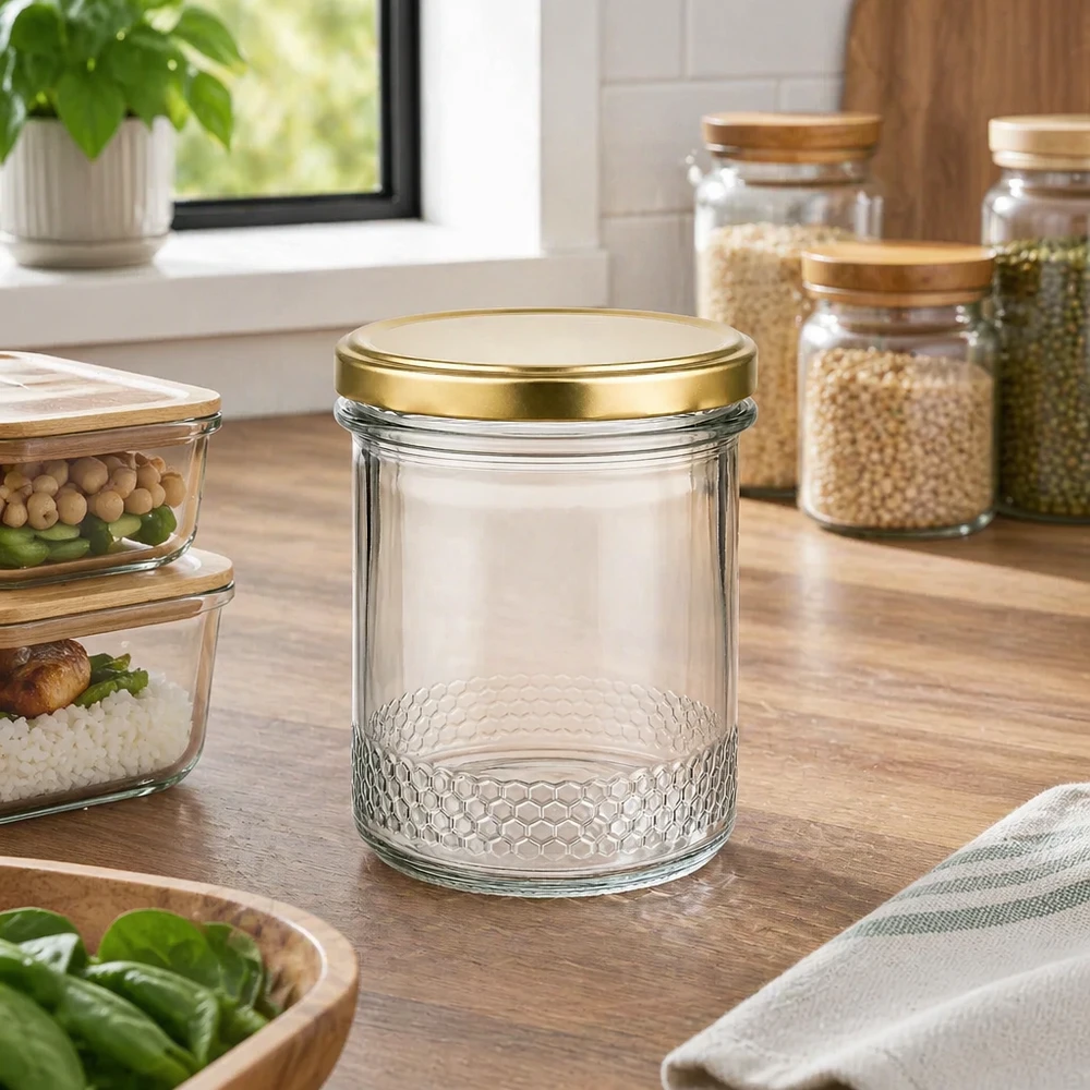 Tyhjä 400ml hunajapurkki kultaisella BasicSeal UNiTWIST-kannella modernissa keittiössä säilytyspurkkien välissä.