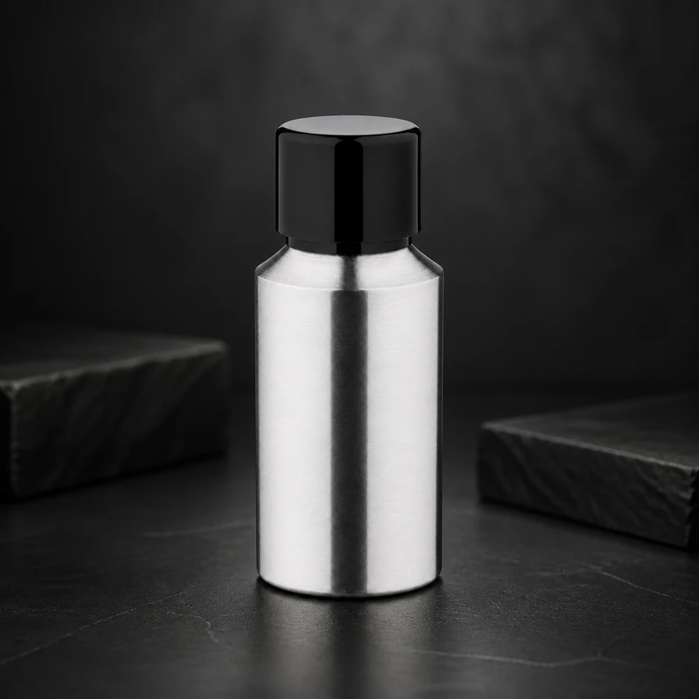 30ml kiillotettu alumiinipullo, jossa on kierrekorkki Korkealaatuinen 30 ml:n alumiinipullo, jossa on peilipinta ja musta korkki premium-tuotteille.