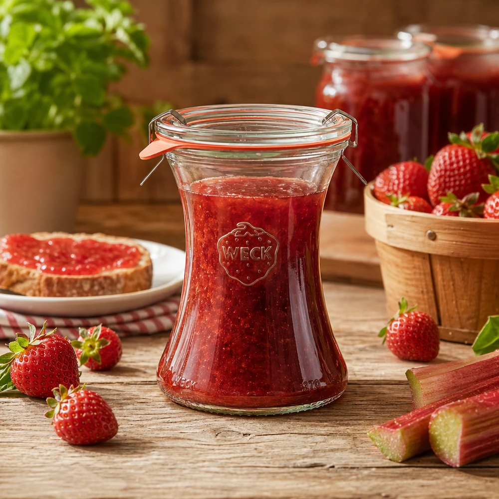 370 ml:n WECK RR80 -herkkupurkki, täydellinen WECK-säilytyspurkki 370ml täynnä mansikkahilloa Sovellusesimerkki hillon ja marmeladin säilyttämiseen.