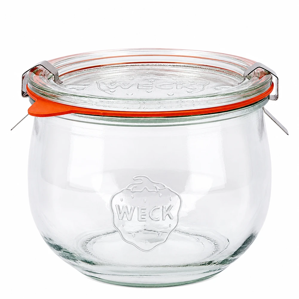 WECK tulppaanipurkki 580ml RR100 lasikannella ja oranssilla kumirenkaalla, klassinen säilöntäpurkki kirkkaasta lasista.