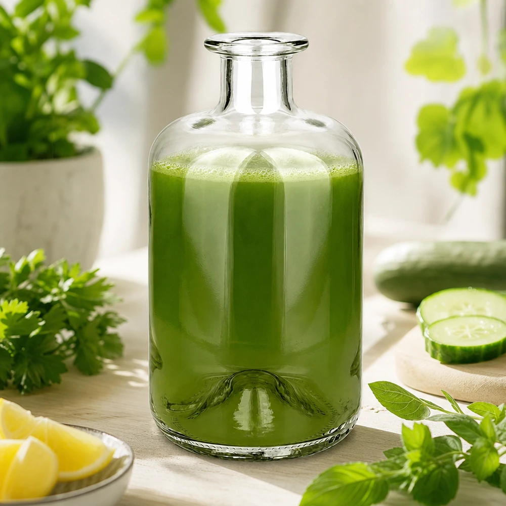 Apteekkarin pullo Luna 500ml täynnä vihreää smoothieta, jota ympäröivät tuoreet yrtit kurkku ja sitruuna hyvinvointijuomana.