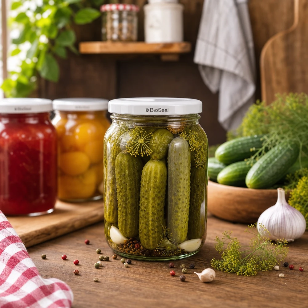 350 ml:n juomalasit valkoisella UNiTWIST BioSeal -kannella. UNiTWIST Sturz350 mit eingelegten Gewürzgurken zeigt perfekte Eignung für Konserven und Eingemachtes TO82 BioSeal