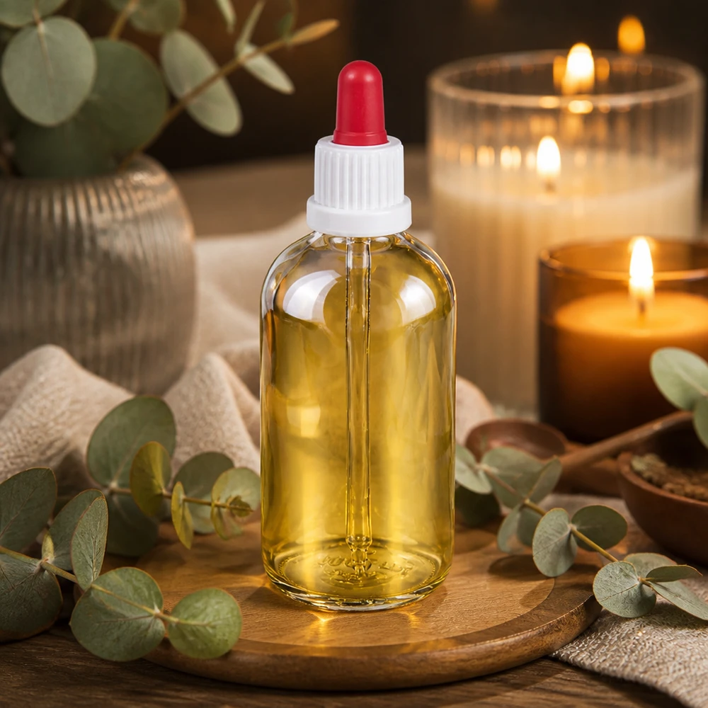 Eteerinen öljy 100 ml:n lasipullossa, pipettikorkilla, valkoinen-punainen, ClearLine UT18 Wellness