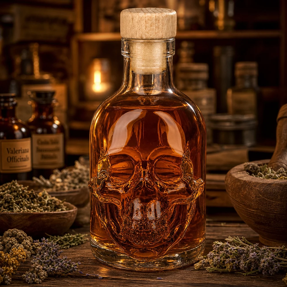 200ml Glasflasche "Jack" mit Holzgriff-Korken UNiTWIST Apteekkitunnelma, jossa on 200 ml:n kallolasi pullossa Jackia, yrttejä ja meripihkanväristä nestettä puupöydällä.