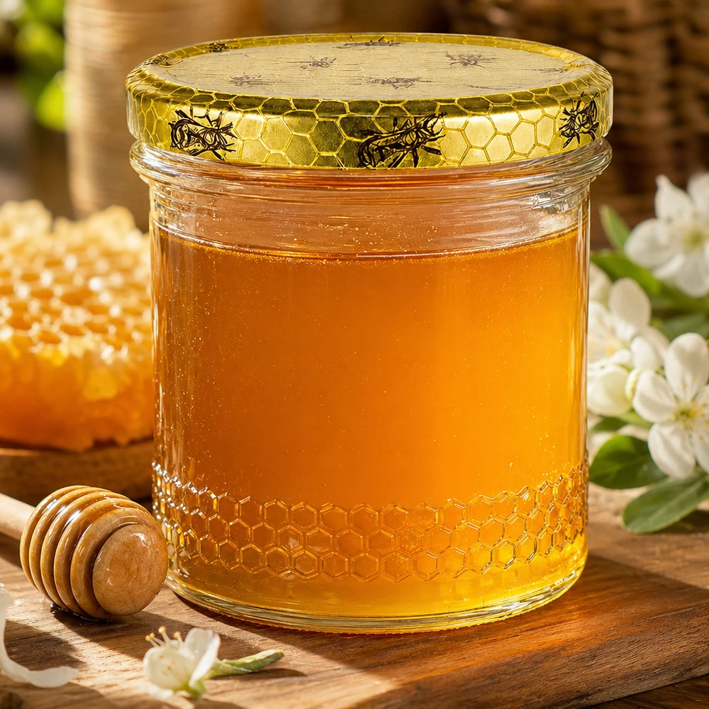 560g Honigglas + BasicSeal Deckel Bienenwabe UNiTWIST Kultainen hunajapurkki 400ml BasicSeal hunajakennokannella, puinen hunajalusikka ja kukkia maalaismaisella puupöydällä.