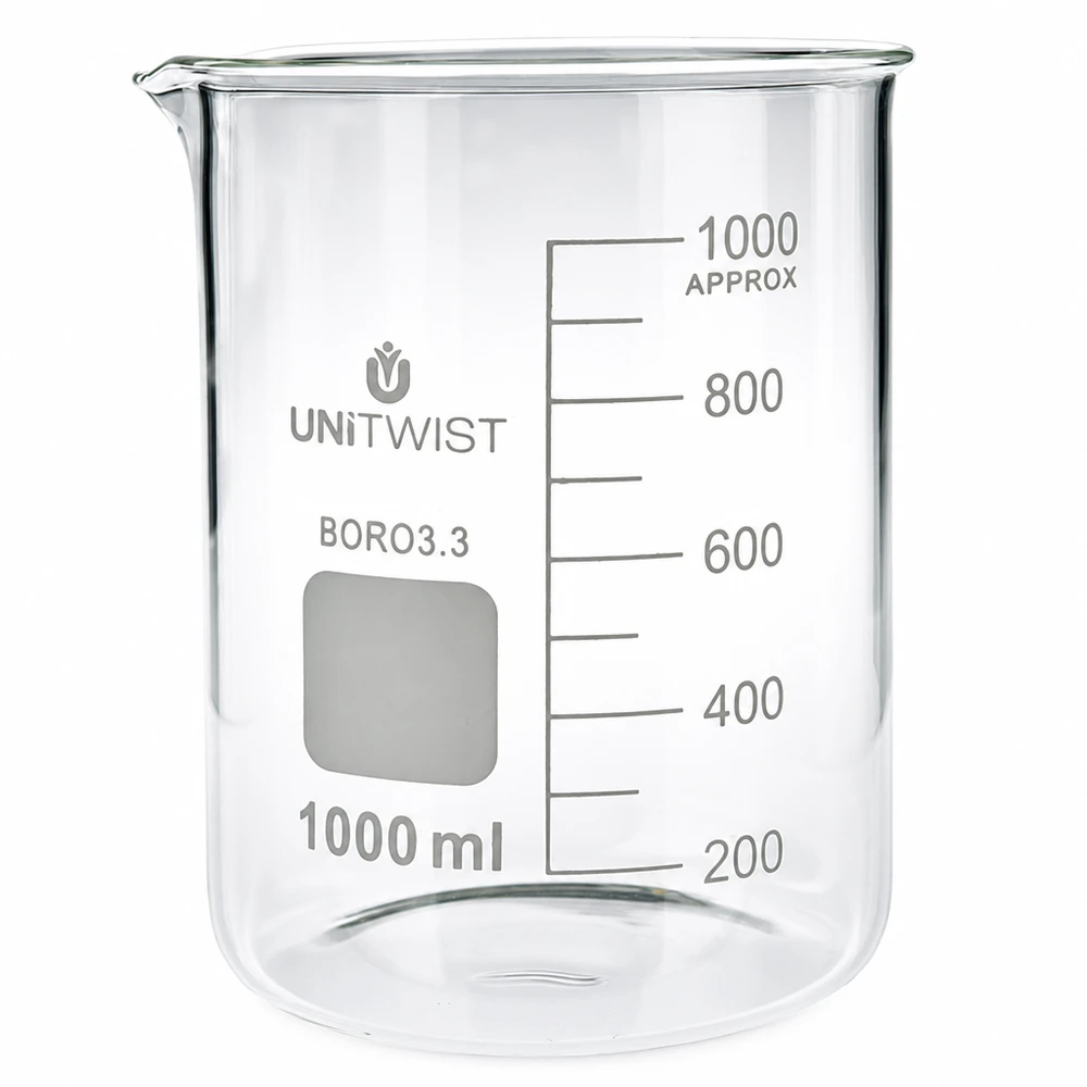 Lasi 1000ml borosilikaatti, matala muotti UNiTWIST UNiTWISTin 1000 ml:n borosilikaattilasinen, matalaprofiilinen mittalasi, jossa asteikko 1000 ml:aan asti