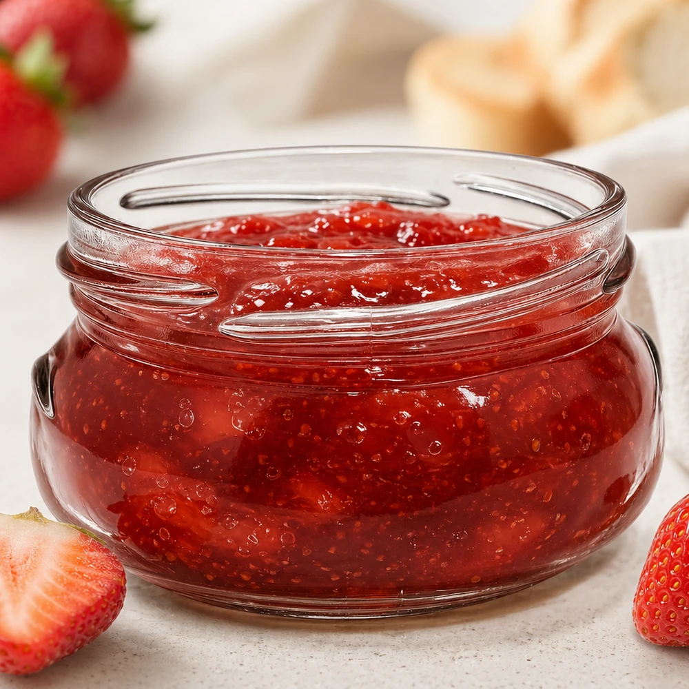 120ml terriinipurkki ilman kantta (TO70) UNiTWIST UNiTWIST UNiTWIST Terrina120 terriinipurkki 120ml TO70 täynnä punaista mansikkahilloa tuoreiden mansikoiden vieressä
