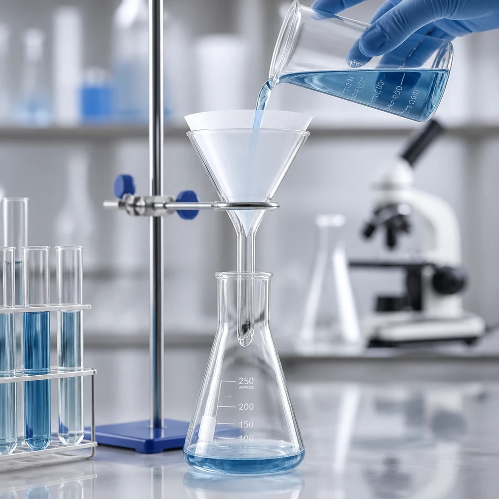 Lyhytvartinen soodalasista valmistettu suppilo nesteiden tarkkaan dekantointiin laboratoriossa.