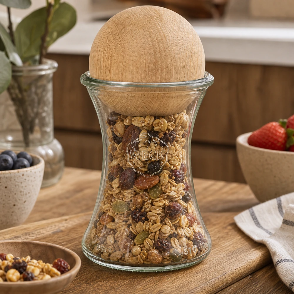 370ml herkkupurkki WECK RR80 puupallolla pyökki. WECK Vorratsglas 370ml mit Buchenholzkugel gefüllt mit Müsli Nüssen auf Holzbrett Küchendeko stylisch