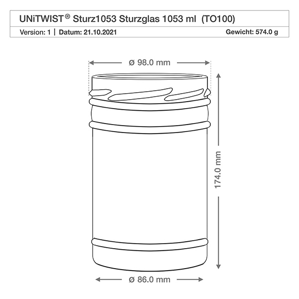 1053ml säilytyspurkit ilman kantta (TO100) UNiTWIST UNiTWIST tumblers 1053ml TO100 tekninen piirustus ja mitat Halkaisija 98mm Korkeus 174mm Paino 574g