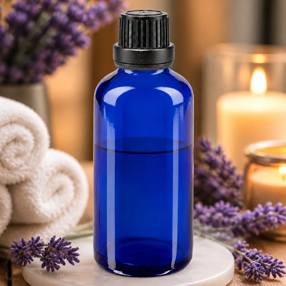 Apteekkipullo sininen 50ml tiputuskorkki valurengas 2mm musta peukaloinninesto suljin Sininen 50 ml:n tiputuspullo, jossa on musta OV-korkki eteerisille öljyille; puupohjainen, laventelikuviolla