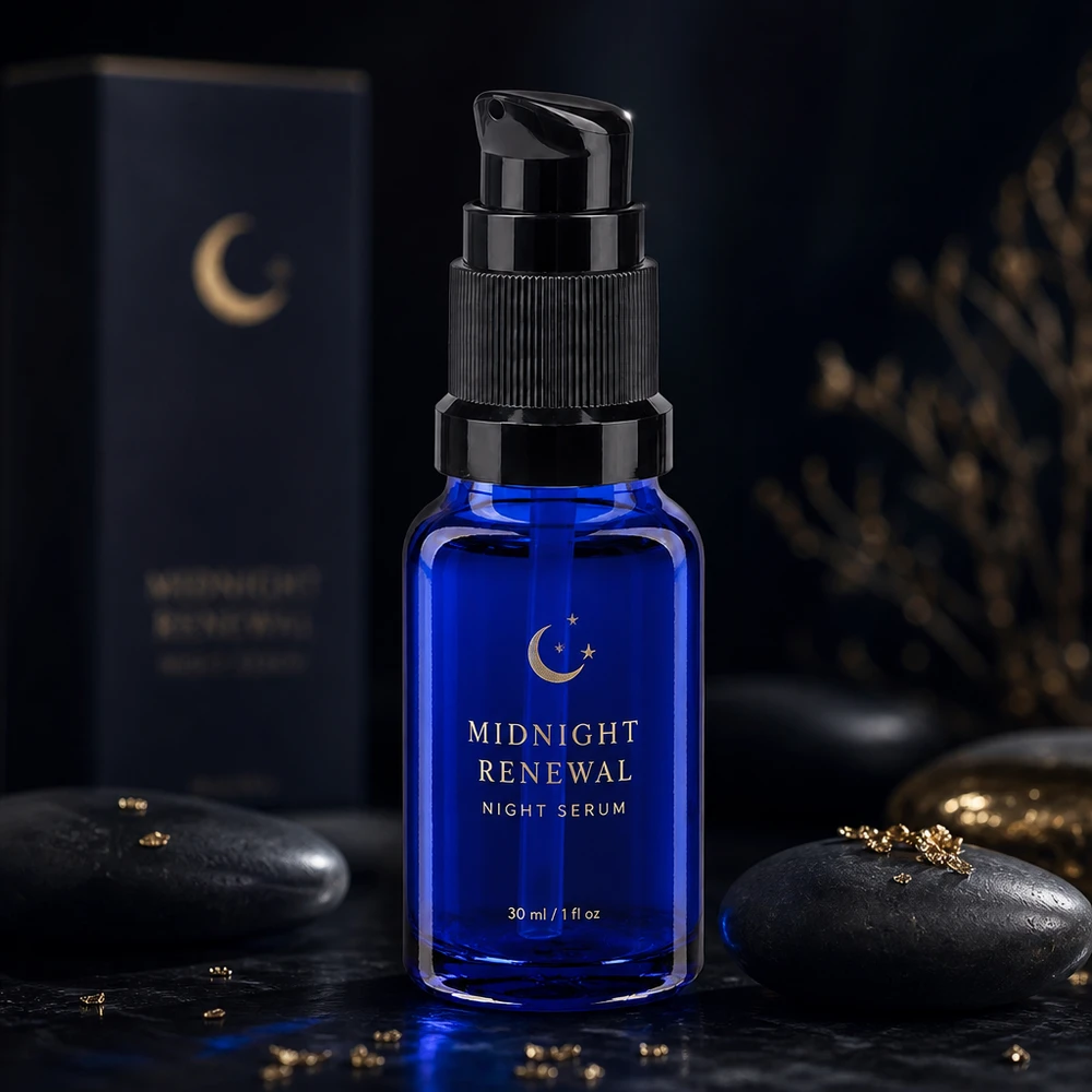 Apteekkipullo sininen 10ml pumppukorkki musta standardi Sininen 10 ml:n apteekkilasinen STD-pumppupullo, jossa on musta annostelija, yöseerumille ja kasvojen hoitoon
