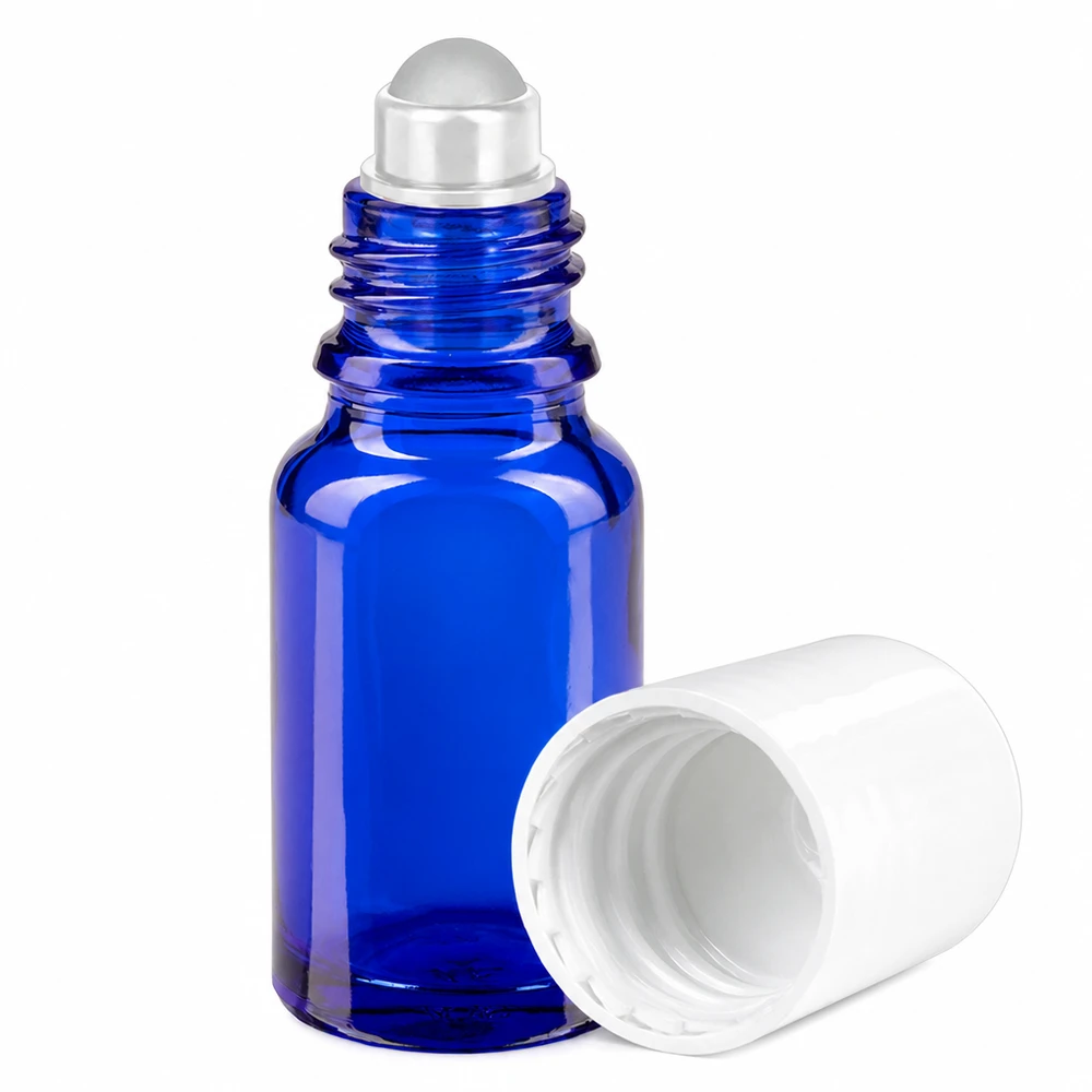 Sininen lasipullo 10ml roll-on applikaattorilla eteerisille öljyille ja kosmetiikalle.