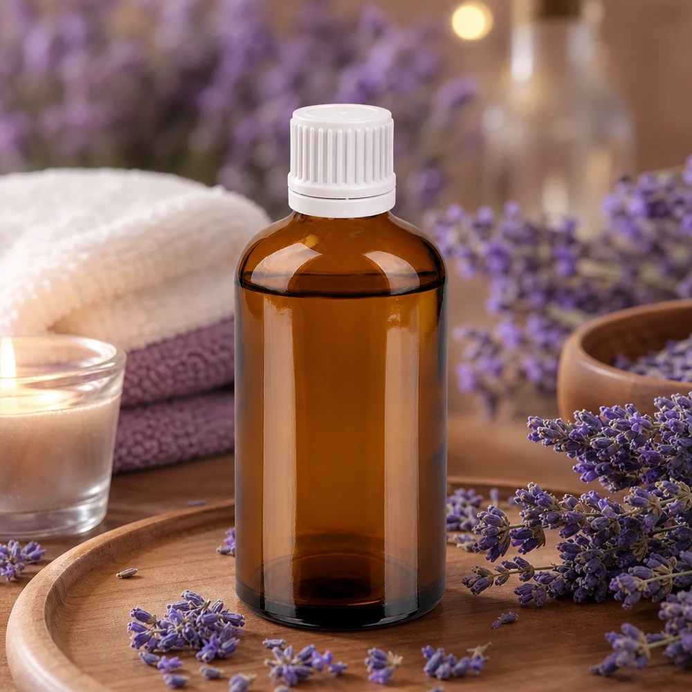 Pieni 100ml lasipullo ruskean sävyissä, ihanteellinen aromaterapia- ja wellness-sovelluksiin.