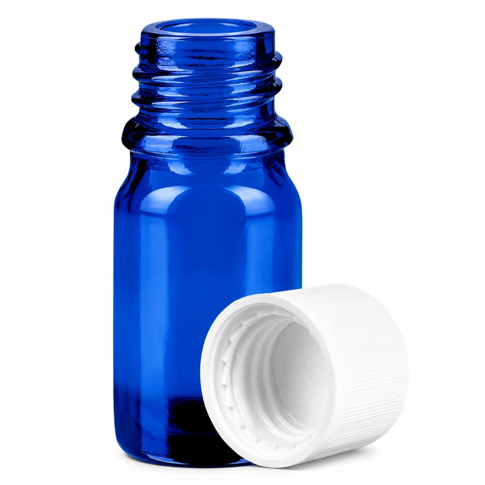 5ml laboratoriopullo, valmistettu sinisestä lasista, 11mm kierteellä ja lapsiturvallisella korkilla.