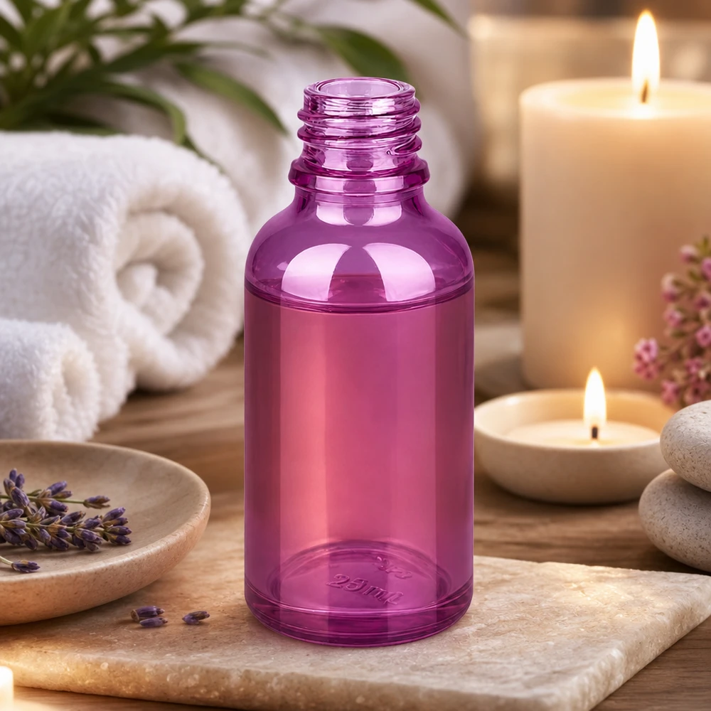 Pieni 30ml PurpleLine lasipullo tyylikkäässä violetissa aromaterapiaan ja hyvinvointiin.